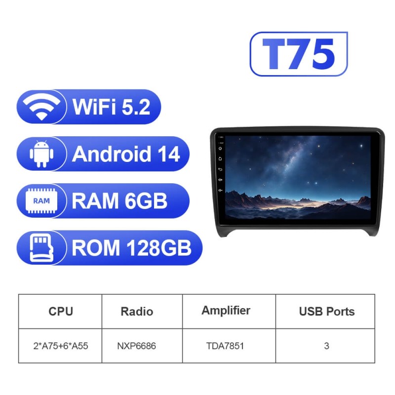 For Audi TT 2006-2014 T75 Upgrade from T72 Android 14 UIS7865 Car Radio