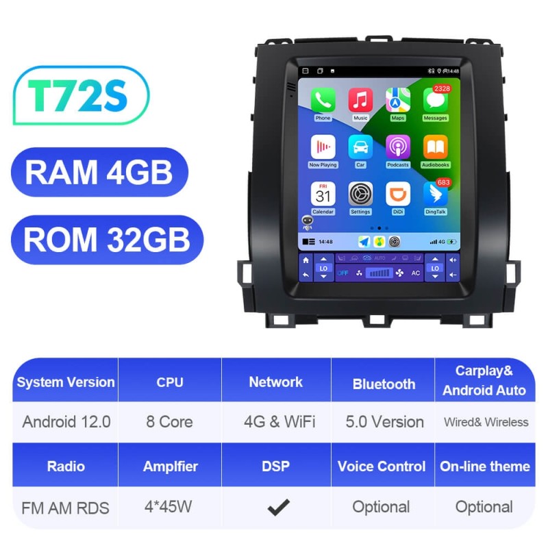 ISUDAR Android 12 Tesla style Car Radio For Toyota Land Cruiser Prado 120 2002-2009 Multimedia Player