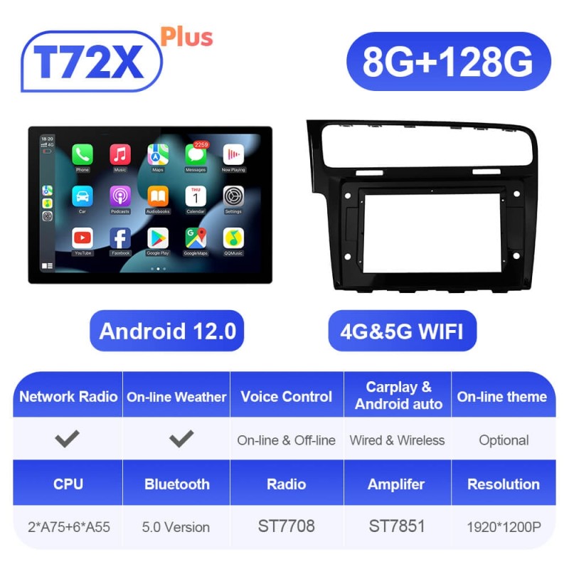 ISUDAR 2K 13.1 Inch Sim Card Android 12 Car Radio For VW/Volkswagen/Golf 7 2013- wireless carplay