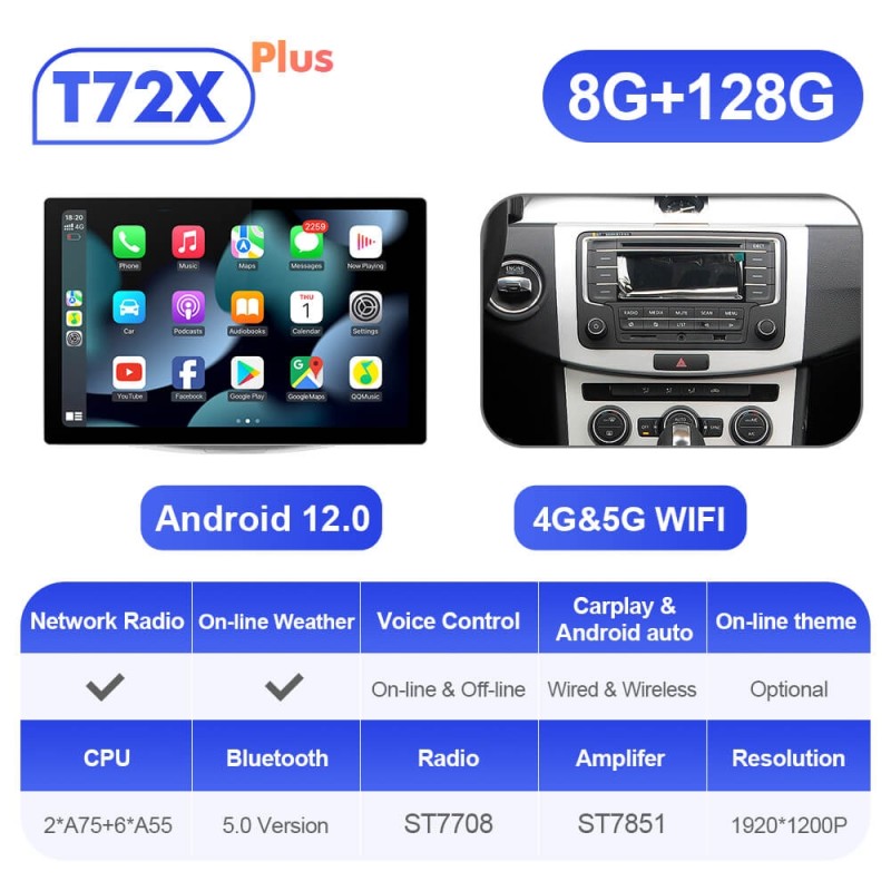 ISUDAR T72 2K 13.1 Inch 1920*1200P Android 12 Car Radio For VW Passat B6 B7
