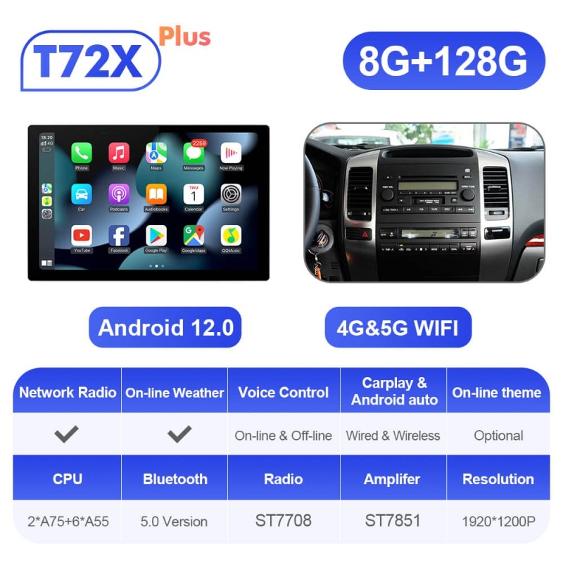 ISUDAR 2K 13.1'' Carplay Android 12 Car Multimedia Radio Player For Toyota Land Cruiser Prado 120 2002-2009