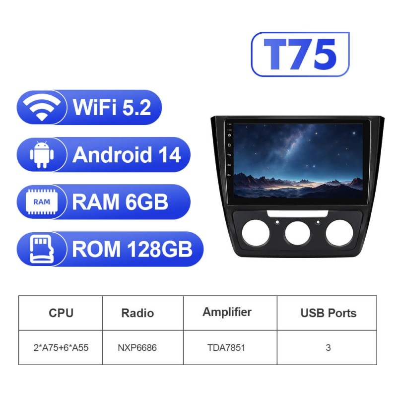 For Skoda Yeti 2009-2013 T75 Upgrade from T72 Android 14 UIS7865 Car Radio