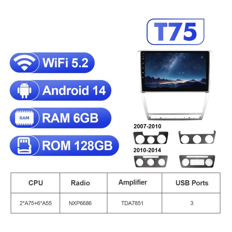 For Skoda Octavia A5 2007-2014 T75 Upgrade from T72 Android 14 UIS7865 Car Radio