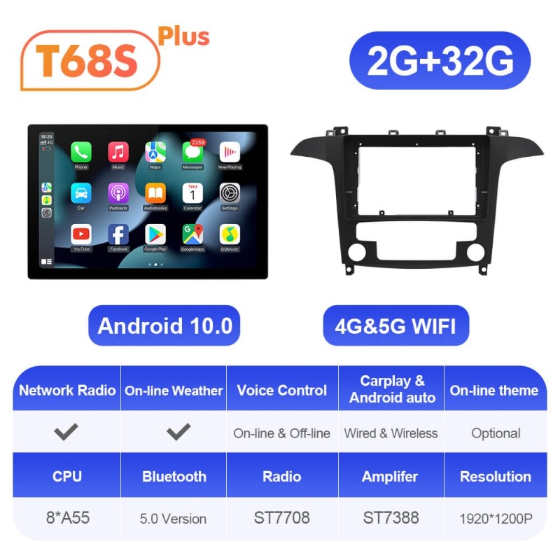 ISUDAR 13.1'' Android 12 T72/T68 Car Multimedia Radio Carplay Player For Ford S-Max S Max 2006-2015