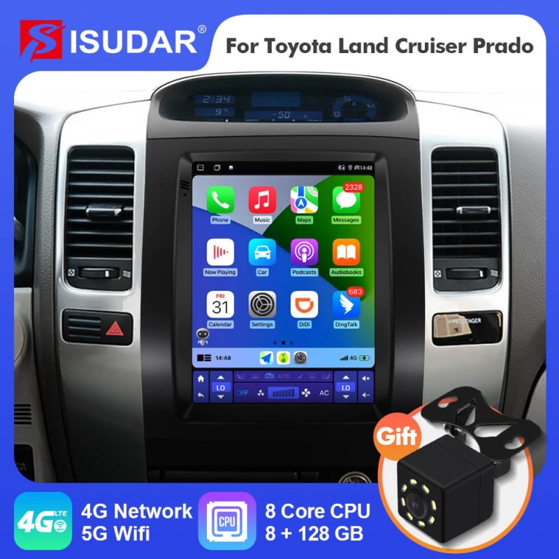 ISUDAR Android 12 Tesla style Car Radio For Toyota Land Cruiser Prado 120 2002-2009 Multimedia Player
