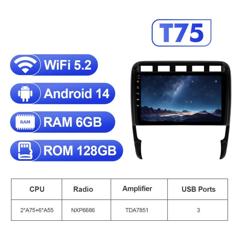 Upgrade from T72 - T75 series Android 14 UIS7865 Car Radio For Porsche Cayenne 2003-2010 with 9" Screen