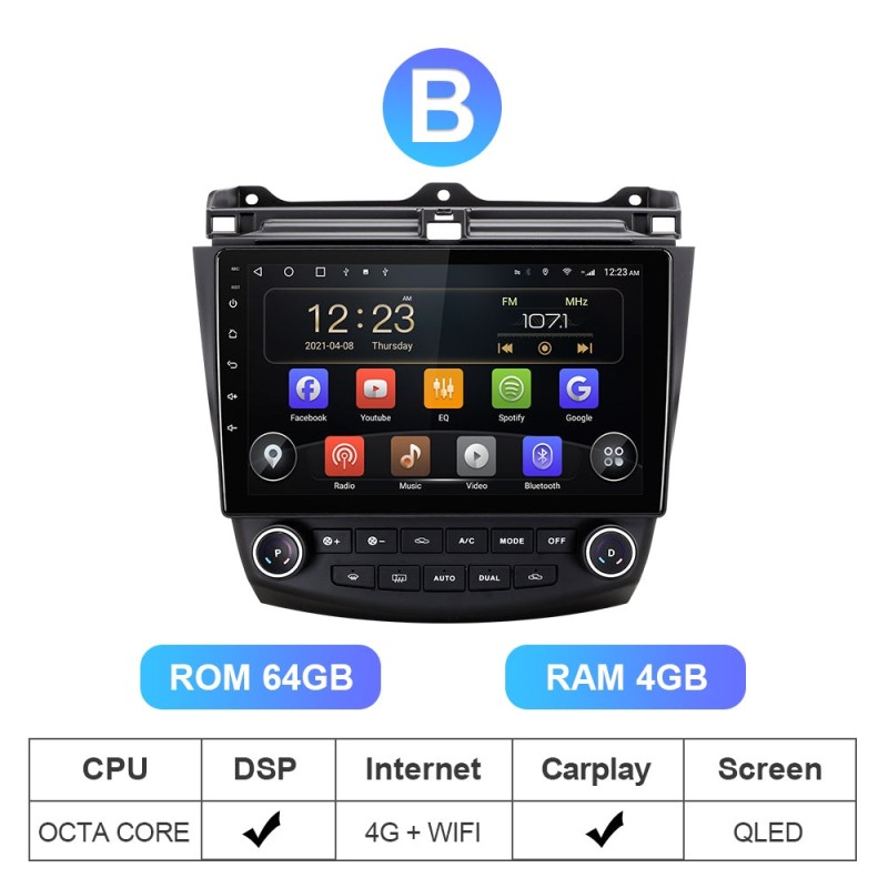 T72 QLED 1280*720P Android 10 Car Radio For Honda/Accord 7 2003-2007
