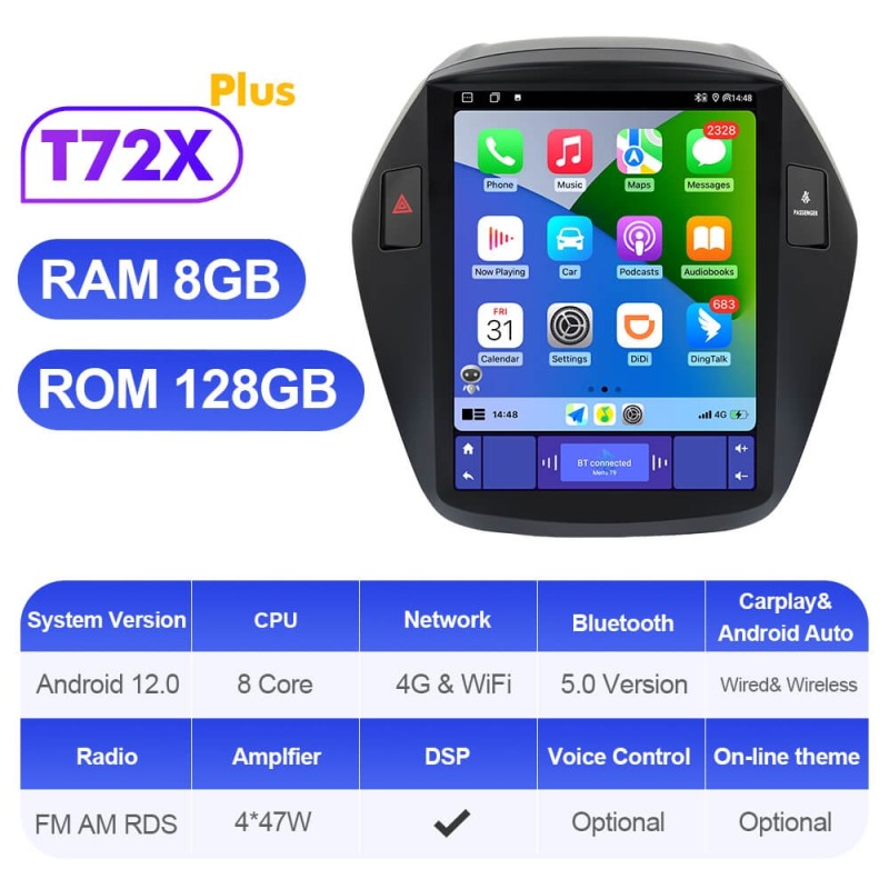 ISUDAR Android 12 Car Radio for Hyundai Tuscon IX35 2009-2015 Multimedia Player 2Din Tesla Vertical