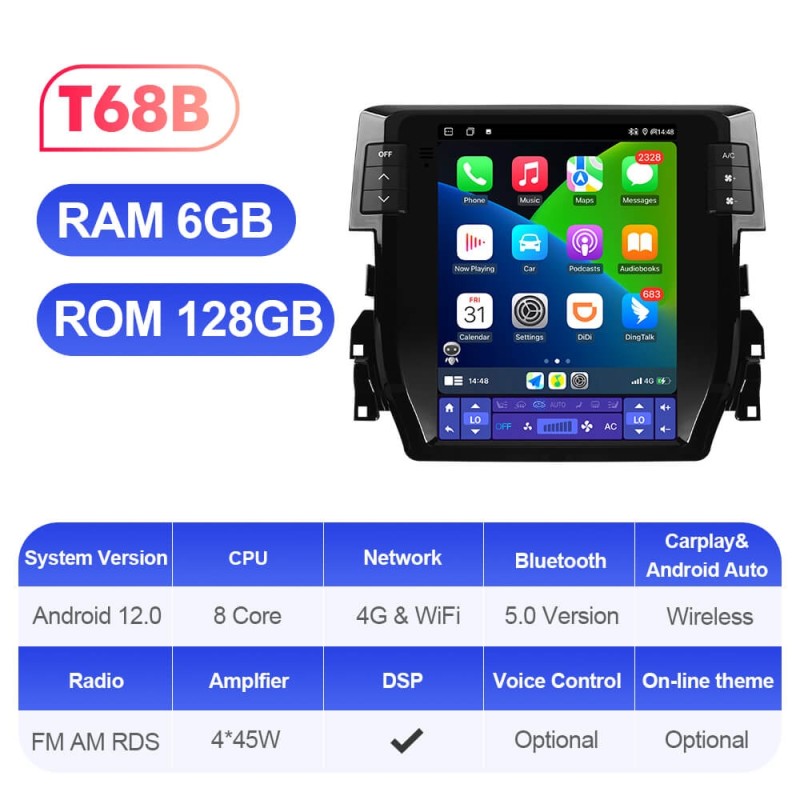 ISUDAR Android 12 Tesla Style Car Radio For Honda Civic 2016-2020 Auto Multimedia