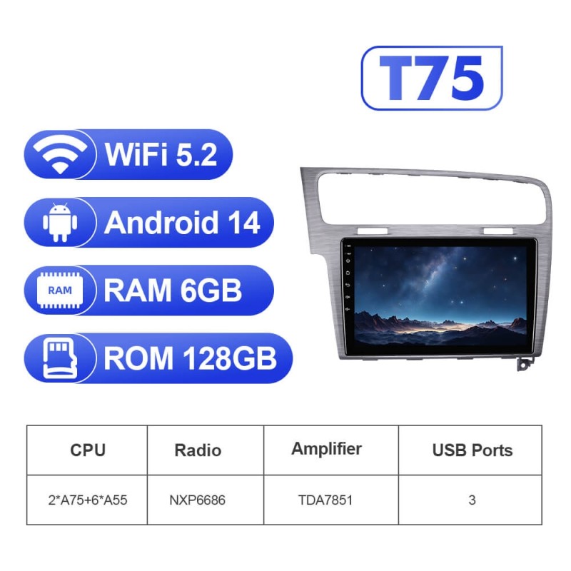 For VW/Volkswagen/Golf 7 2013- T75 Android 14 UIS7865 Car Radio Upgrade From T72