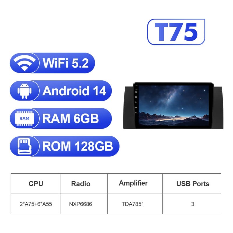 For BMW X5 E53 E39 1995-2006 Upgrade from T72-T75 series Android 14 UIS7865 Car Radio with 9" Screen