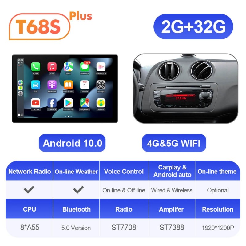 ISUDAR 2K 13.1 Inch Android 12 Car Radio head unit For Seat Ibiza 2009-2015 Kit